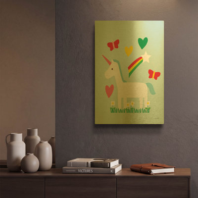 «Unicorn Fun II» par Ann Kelle, art mural en métal doré, 12 po x 16 po