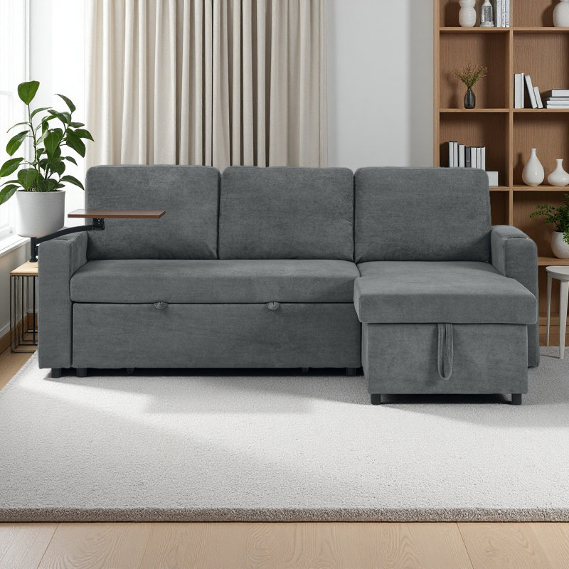 Canapé-lit moderne en chenille multifonctionnel avec table rétractable et éclairage DEL, ports de chargement USB et porte-gobelets