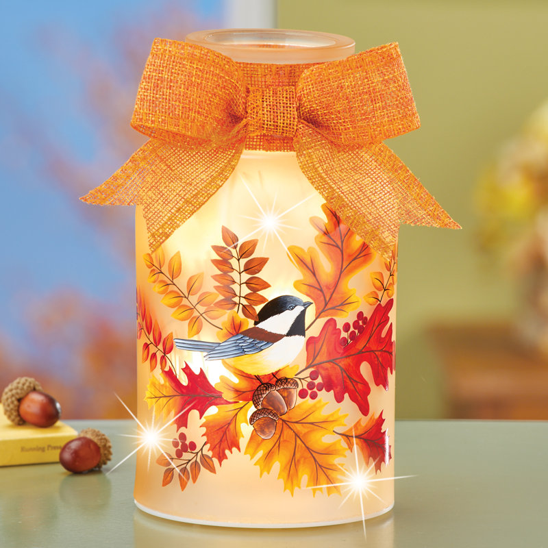 LED Lighted Fall Harvest Chickadee Mason Jar Lamp