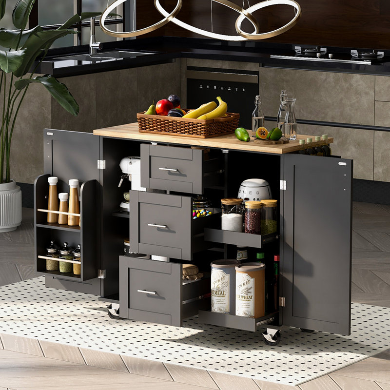 Îlot de cuisine roulant polyvalent avec tablettes coulissantes et supports internes, parfait pour optimiser l'espace et organiser