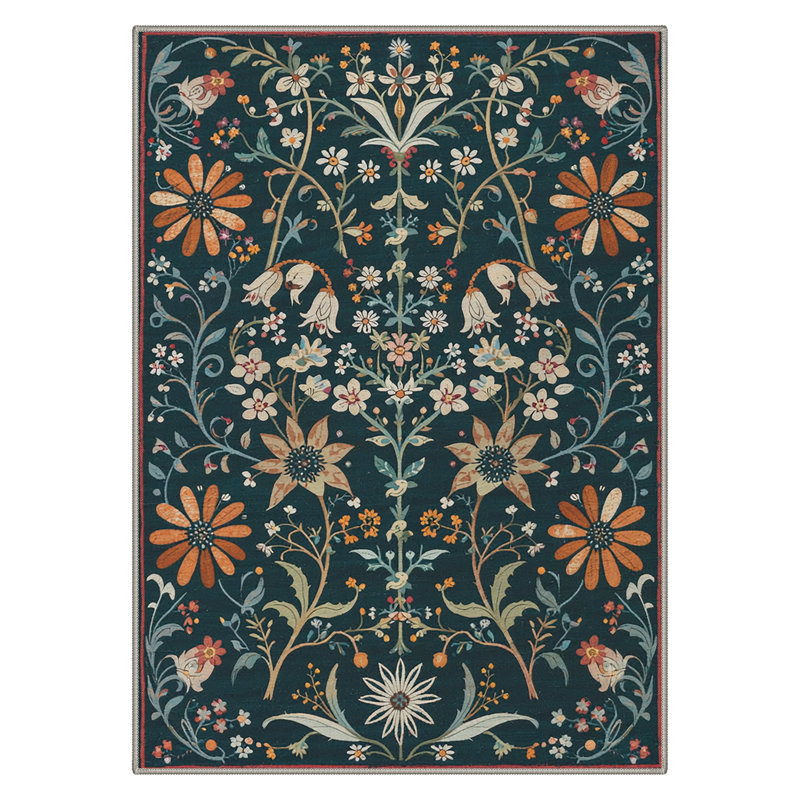 Tapis d'intérieur vert / orange / beige lavable à la machine Aasen Florette avec envers antidérapant, Rectangle 9' x 12'