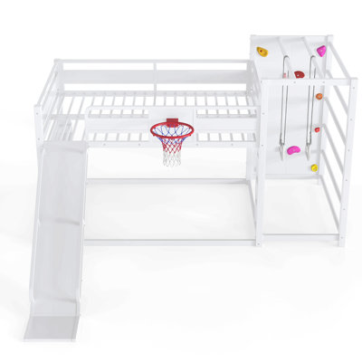 Full Size Metal Loft Bed With Basketball Hoop, Pull-Up Rings, Climbing Wall, And Built-In Bookshelves. Playful Children'S Design Featuring A Slide,White