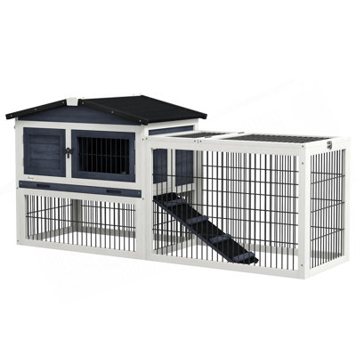 2 Levels Outdoor Rabbit Hutch With Openable Top, 59" Wooden Large Rabbit Cage With Run Weatherproof Roof, Removable Tray, Ramp, Dark Gray
