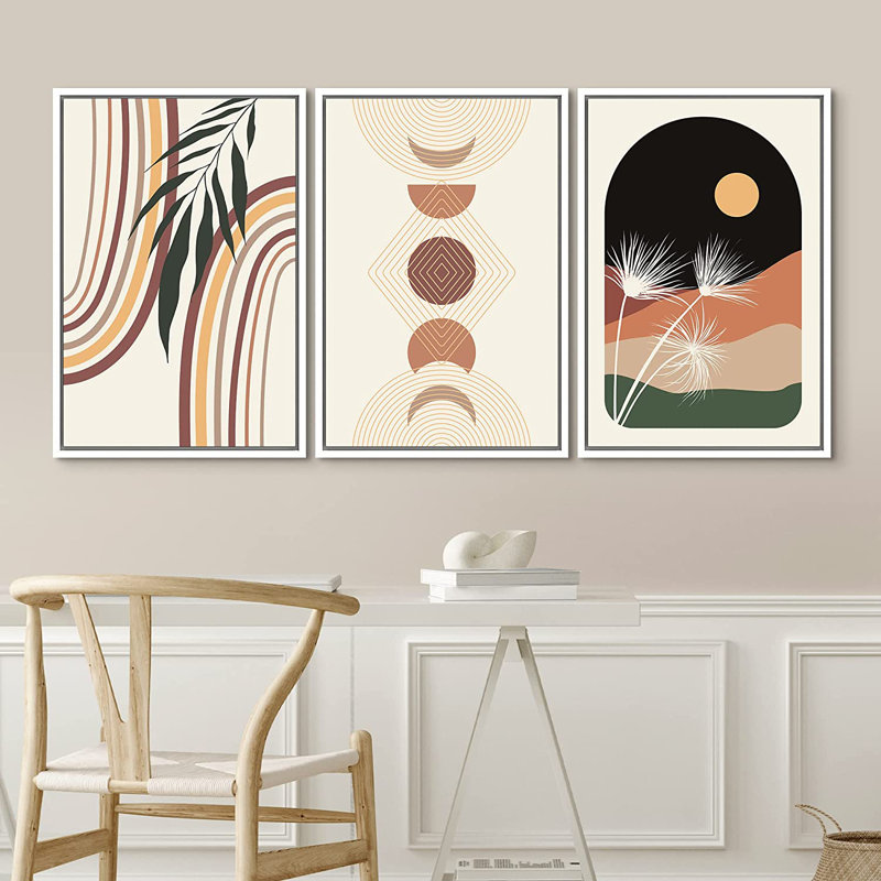 «Mid Century Modern Boho Geometric Crescent Moon Desert», ensemble de 3 impressions sur toile flottante, Blanc