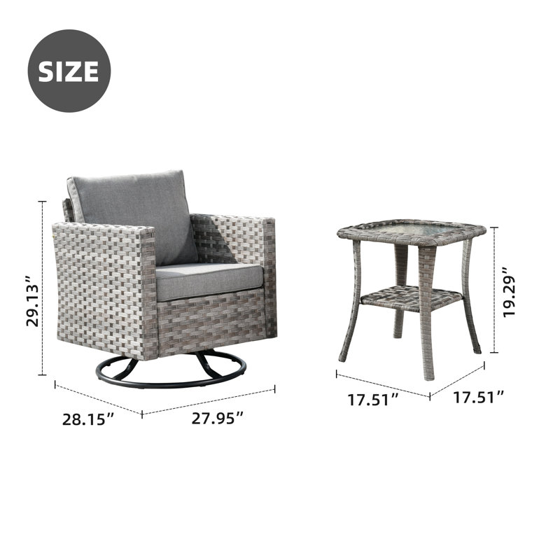 Baili 3 Piece Outdoor Swivel Chair, Rocking Patio Set With Cushions, Gray