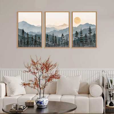 Nature, art mural de paysage de montagne Boho, peinture murale encadrée pin, lever de soleil, toile, ensemble de 3 pour le salon, la chambre à coucher et le bureau, 24 po x 36 po