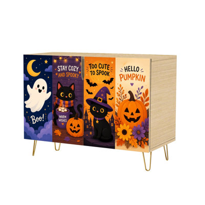 Buffet à 2 portes avec chat fantôme d'Halloween, citrouilles fantaisistes et éléments effrayants. Console moderne en bois avec rangement intégré, idéale pour la cuisine, la salle à manger, le salon, l'entrée ou un coin café.