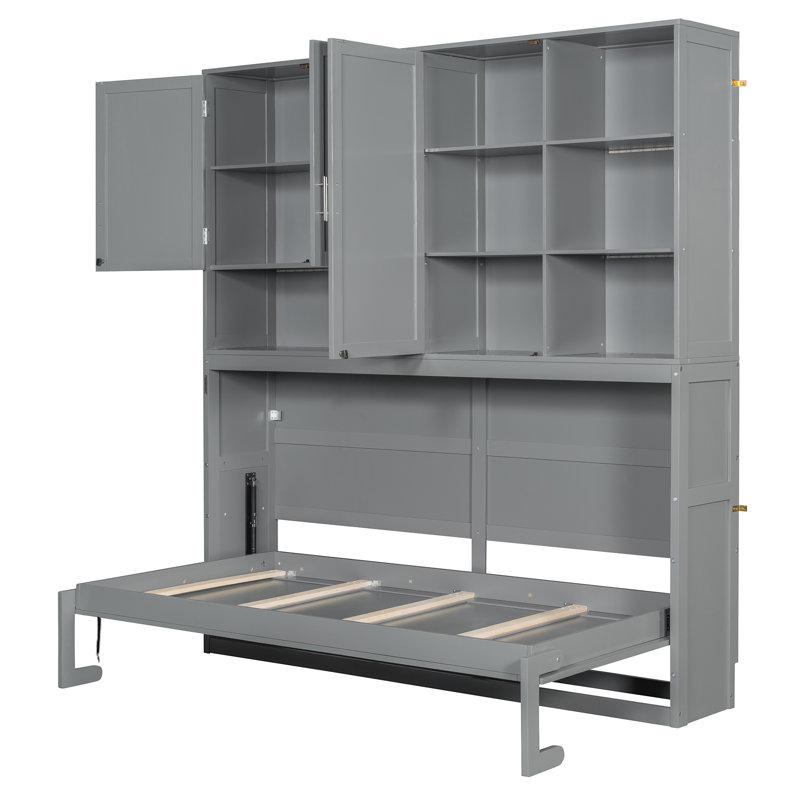 Lit escamotable mural simple avec armoire supérieure, tablettes, lit pliable peu encombrant avec lumière et USB, Gris