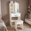 Mini meuble-lavabo blanc moderne avec miroir à DEL, rangement dissimulé, tablettes à plusieurs niveaux et tabouret rembourré