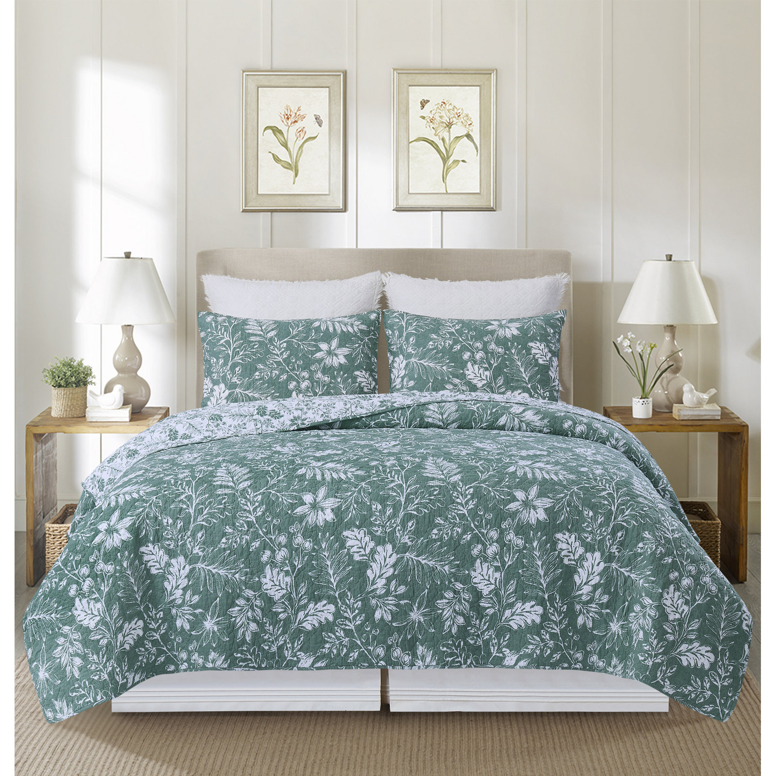 Cotton Quilt Set, Green, Twin Quilt + 1 Standard Sham