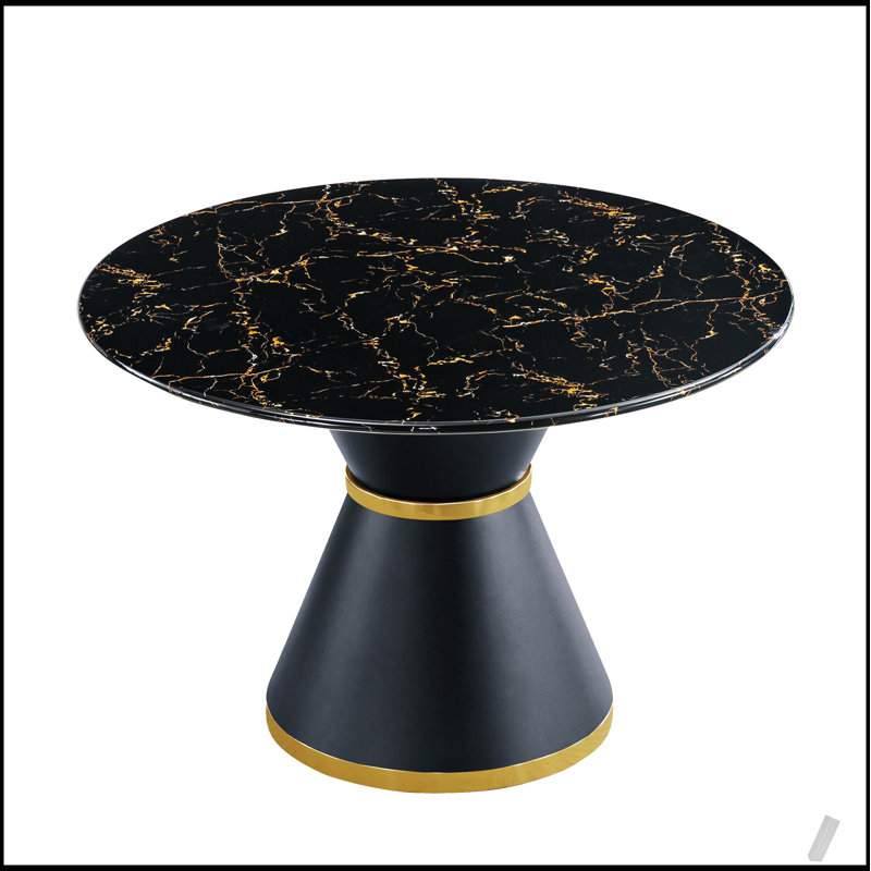 Table de salle à manger ronde en panneau de fibres à densité moyenne imprimée en marbre noir, élégante et fonctionnelle pour les intérieurs modernes