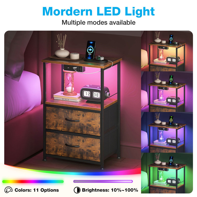 Nightstand With 2 Fabric Drawers,modern Bedside Table With Power Outlets,everyday Side Table With Led Light Strip,end Table With A Large Storage Shelf