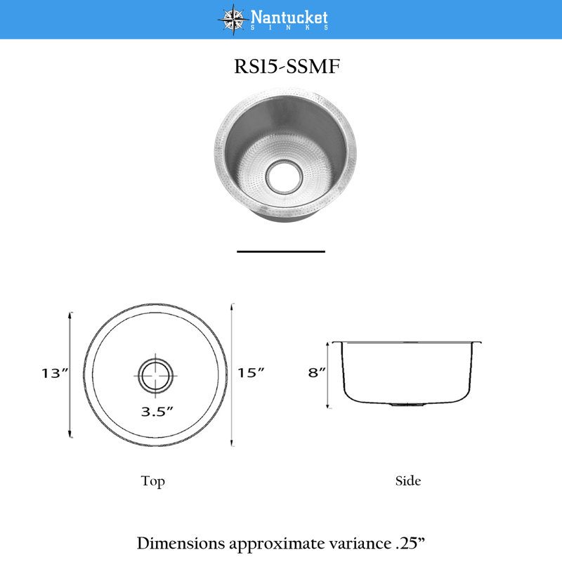 Brightwork 15-Inch Hand Hammered Round Stainless Steel Bar Sink, Matte Satin Stainless