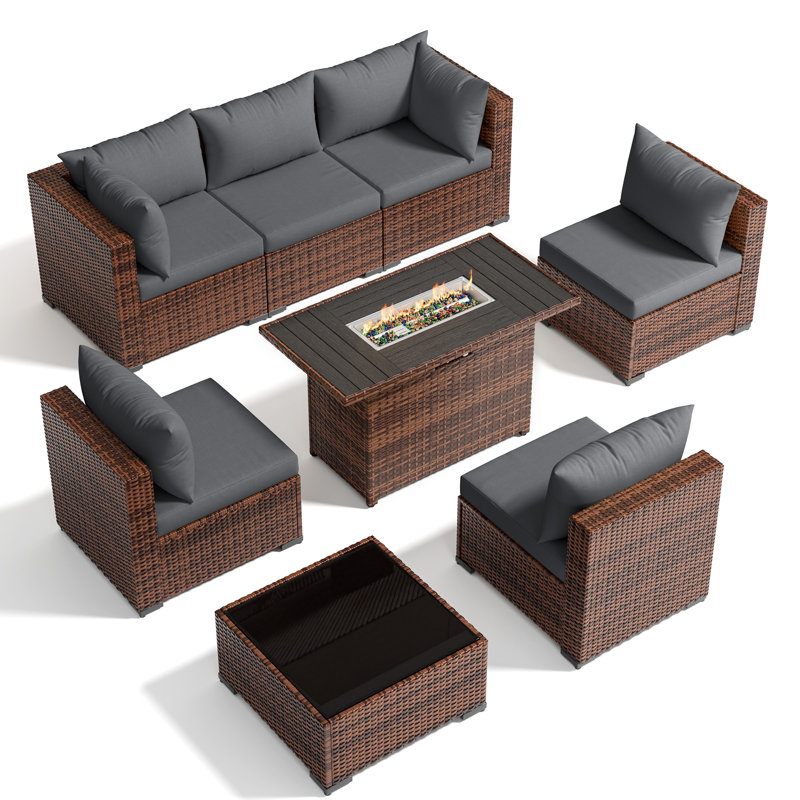 6 - Person Outdoor Wicker Patio Conversation Furniture Set With Fire Pit Table, Gray