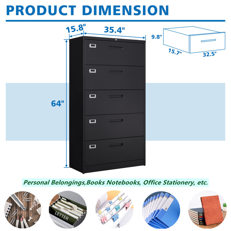 Izack 35.43'' Wide 5 -Drawer Steel File Cabinet, Black