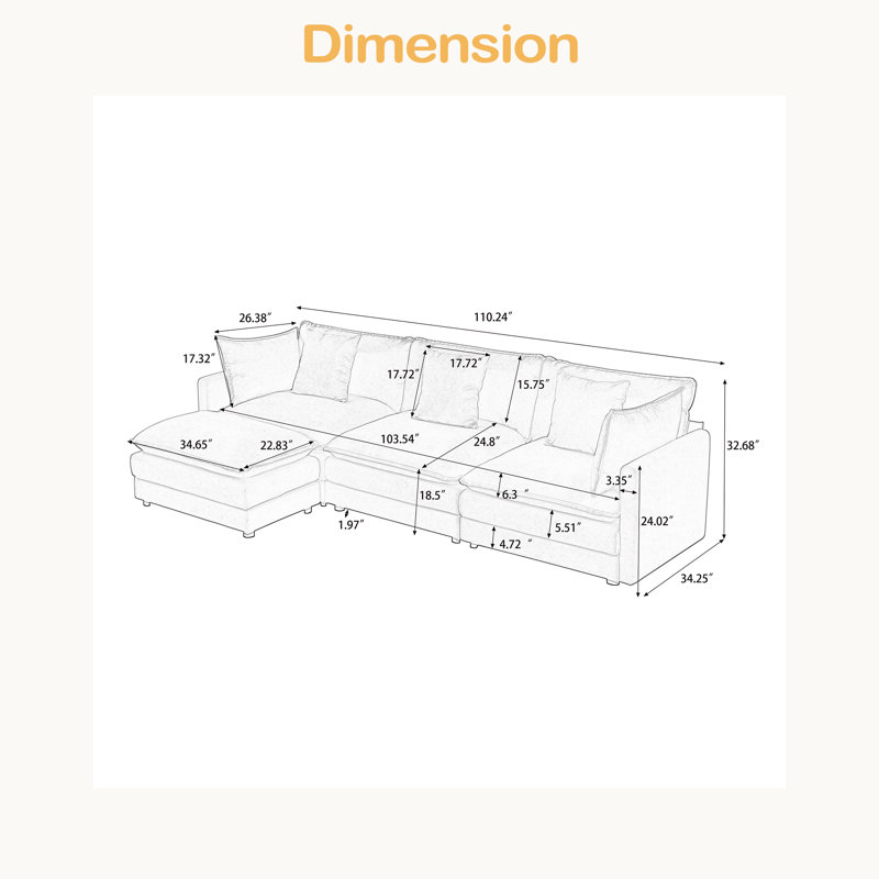 Modular Combination Sofa, Comfortable Cloud Sofa, Ottoman-Style Combination Sofa, Chenille Sofa, Deep Seat Sofa With Cushions