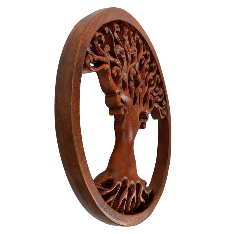 Décoration murale arbre de vie bohémien en bois sculpté à la main avec finition acajou brun - 11,5 po de diamètre, 1 po d'épaisseur