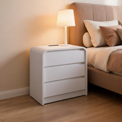 Curved Nightstand with Outlet, 3-Drawer Modern Nightstand