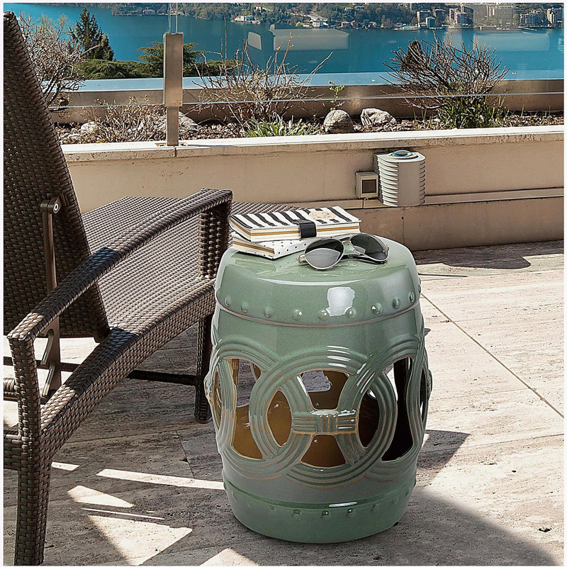 Outsunny 14" x 17" Ceramic Garden Stool with Double-Coin Knotted Ring Design & Strong Glazed Material, Decorative End Table, Home Collection, White