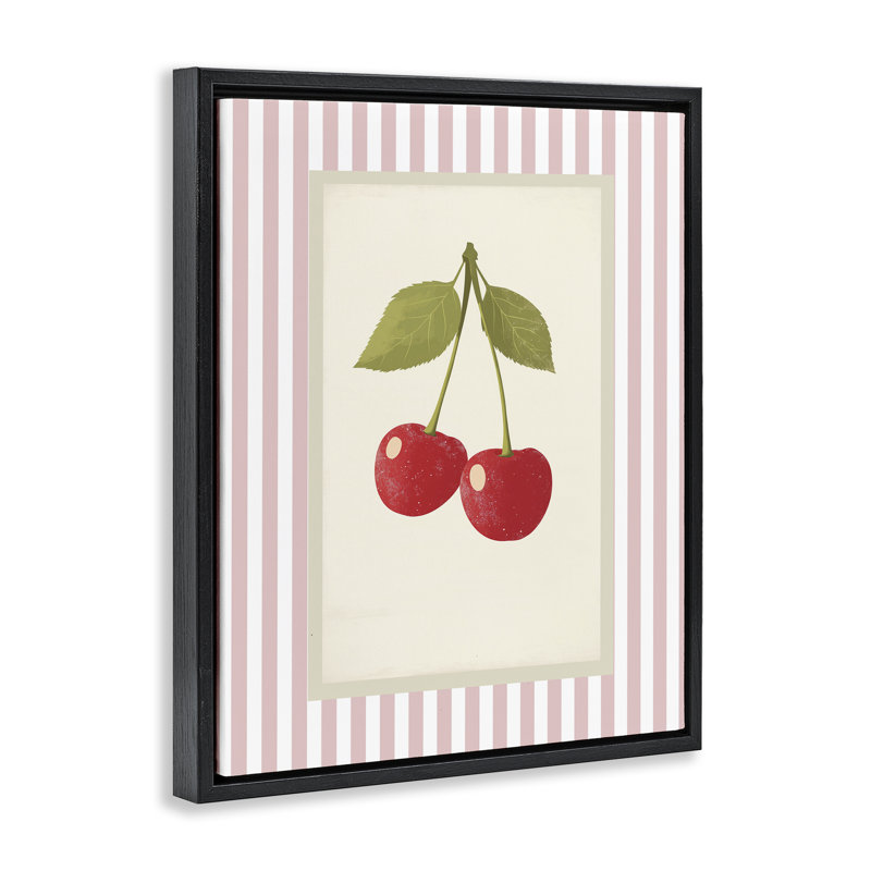 Cadre flottant délicat à motif de cerises sur rayures, design par Christine Simpson Art, Cadre flottant noir de jais