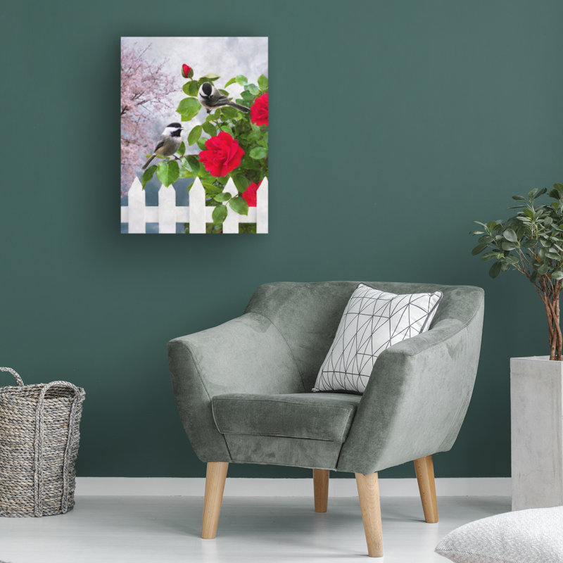 Œuvre sur toile, Emma Eve, Bolivines dans un buisson de roses rouges, H 19 po x l 14 po