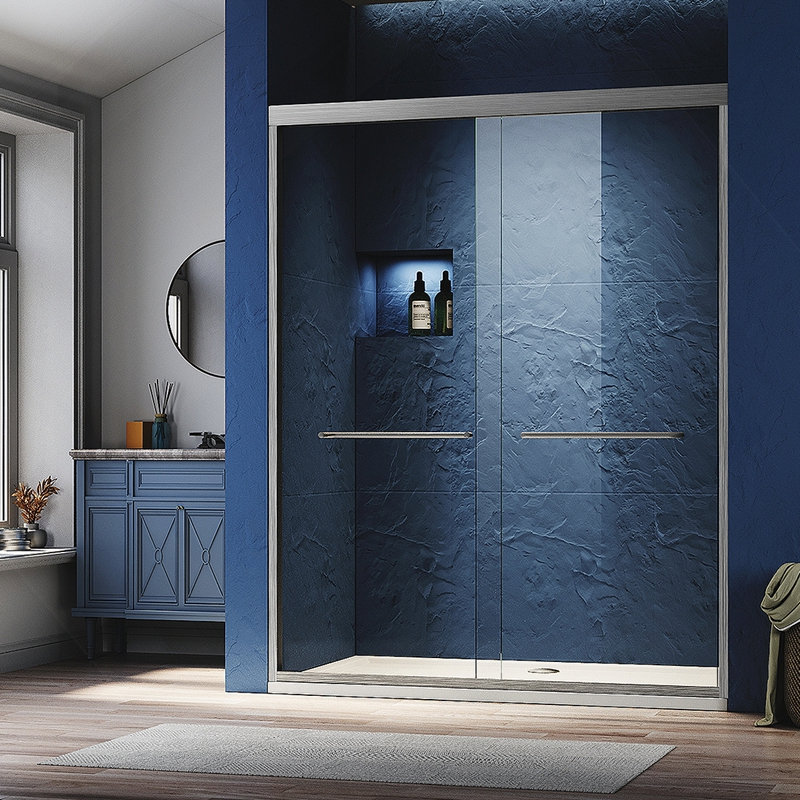 Sliding Shower Glass Door 56-60 in. W x 72 in. H, Adjustable Semi Frameless Shower Door, Certified Thick Clear Clear Tempered Glass, 304 Stainless Steel Handles, Brushed Nickel