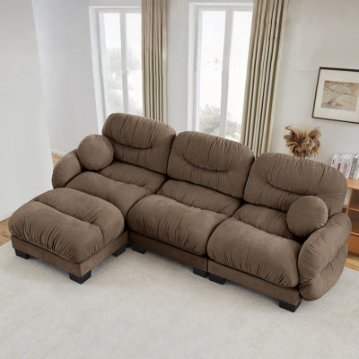 Canapé modulaire confortable en tissu chenille 3 places avec siège ergonomique en mousse haute densité, canapé modulaire en forme de L avec repose-pieds, accoudoirs arrondis arrondis et 2 coussins décoratifs ronds