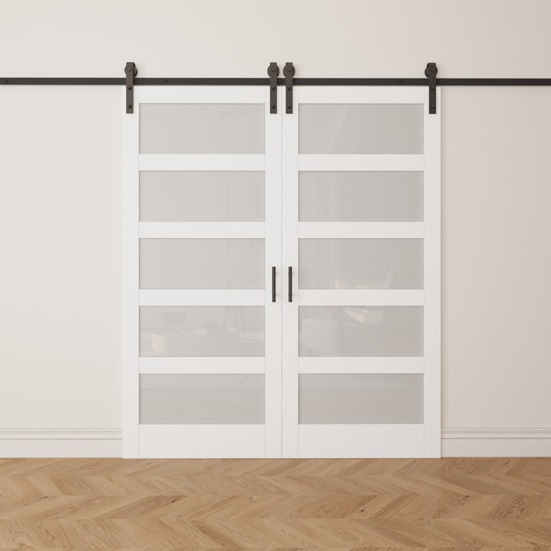 Portes de grange coulissantes en verre en bois blanc H 84 po x l 60 po x L 5 po avec quincaillerie d'installation et fermeture amortie (2 portes)