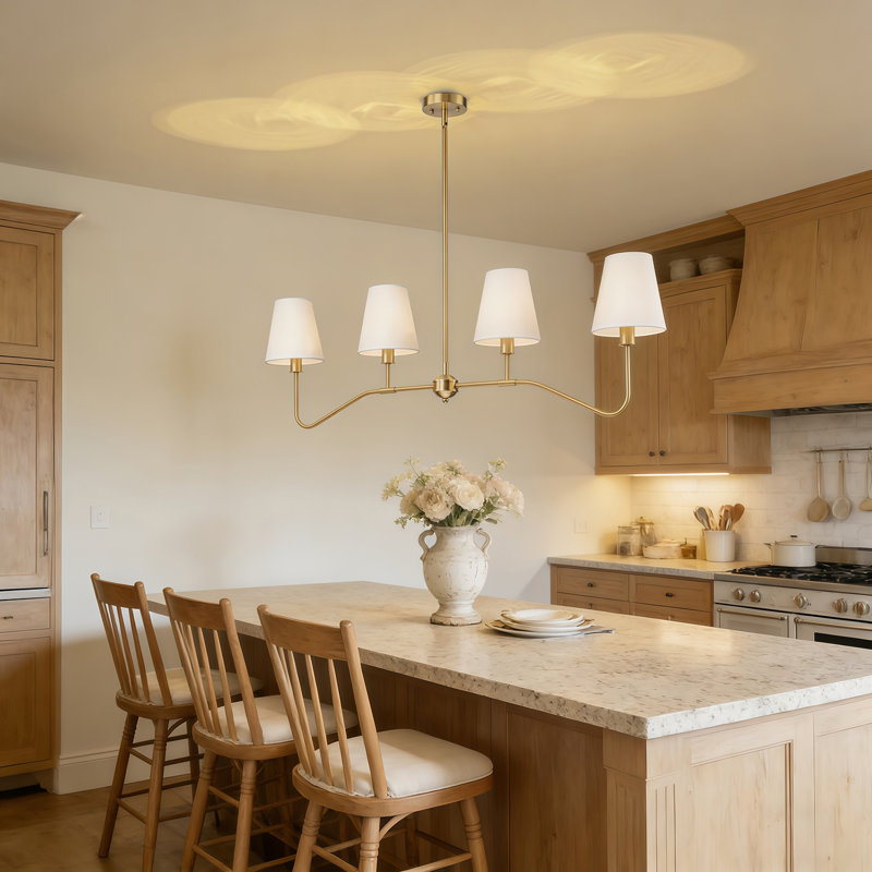 Lustre linéaire moderne à 4 lumières avec abat-jour en tissu blanc, Or brossé