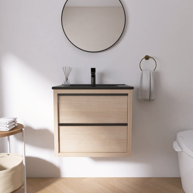 Calmhaven 24" Wall Mounted Single Bathroom Vanity Set With Ceramic Top, Black
