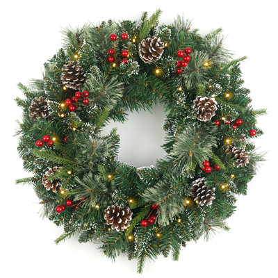 Couronne de Noël artificielle givrée 24 po, 50 lumières DEL chaudes, baies rouges et pommes de pin, décoration intérieure / extérieure