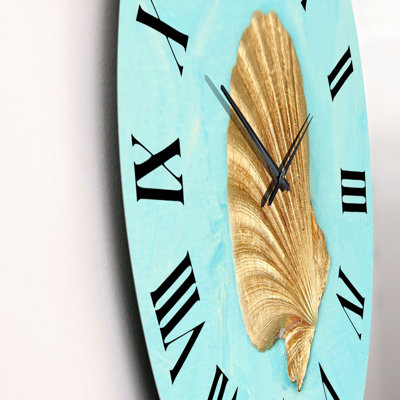 Golden Seashell On Light Blue - Nautical & Coastal wall clock