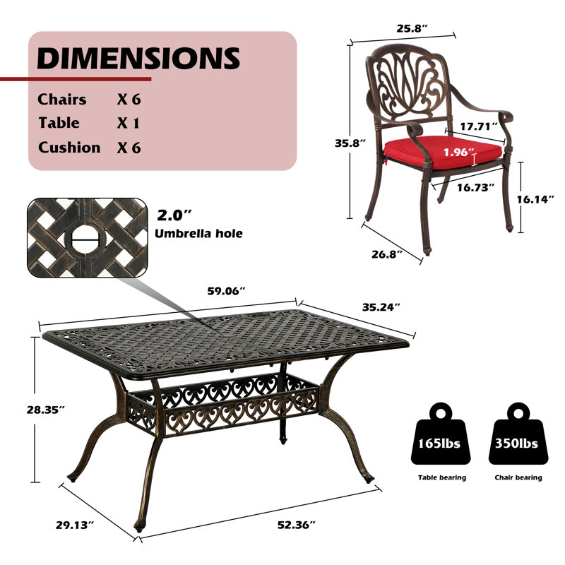 Sybella 6 - Person Patio Dining Set with Rectangular Table , Cushions Included, Red, 7 Piece : 6 Chairs, Table