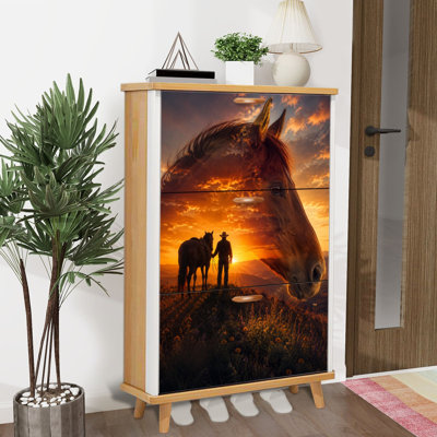 Armoire de rangement pour chaussures avec 3 tiroirs rabattables pour une double exposition majestueuse tête de cheval Cowboy Sunset Mountain Range-chaussures