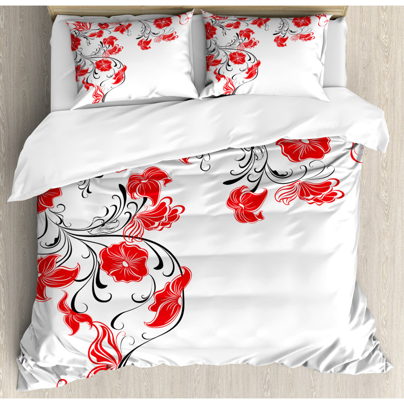 Scarlet White Floral Queen Duvet Cover Set with Pillow Shams