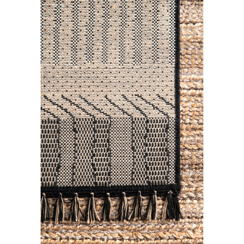 Mukul Geometric Striped Beige/Black Indoor/Outdoor Tasseled Rug, Rectangle 5'3" x 7'7"