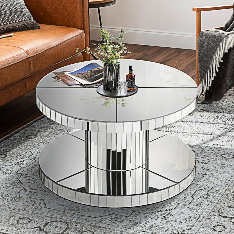 Table basse d'appoint à miroir à deux niveaux avec miroir rond en verre cannelé - 31,5 po de diamètre, table d'appoint moderne pour le salon