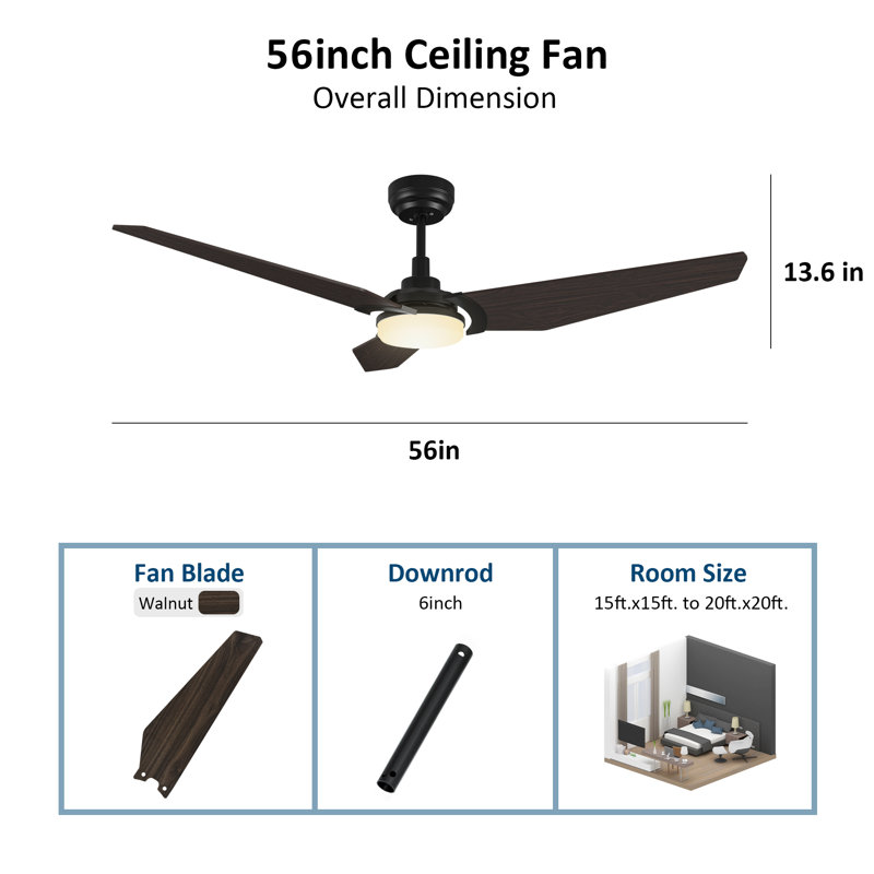 56'' Ceiling Fan with LED Lights, Black, Dark Walnut
