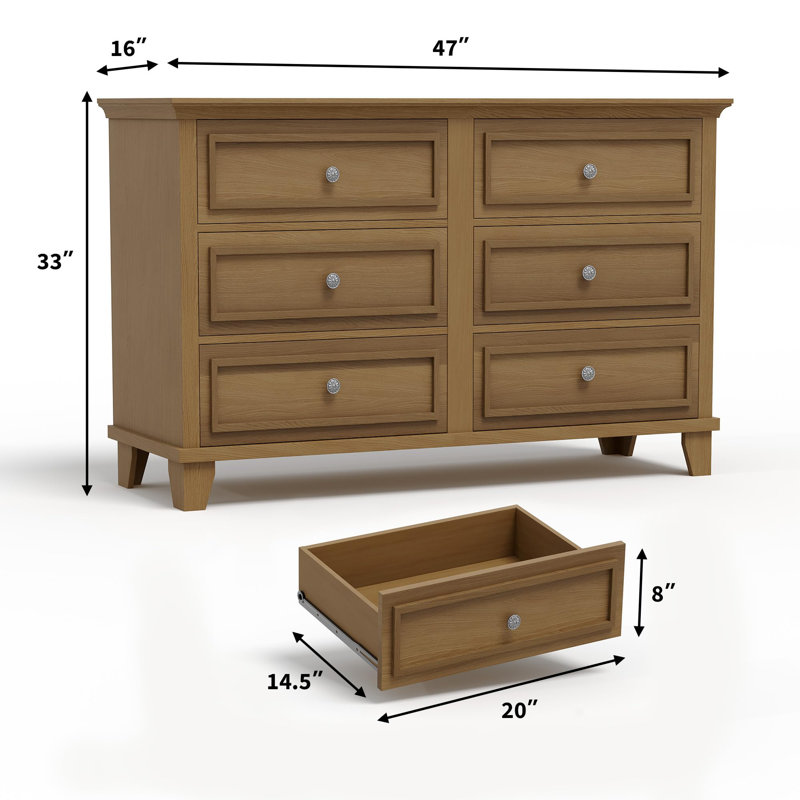 6 Drawer Dresser, Wooden Storage Chest with Metal Handles, Large TV Stand for Bedroom & Living Room, Brown
