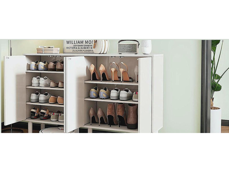 Armoire à chaussures avec 5 pieds en bois massif, armoire de rangement à 4 portes avec tablettes réglables