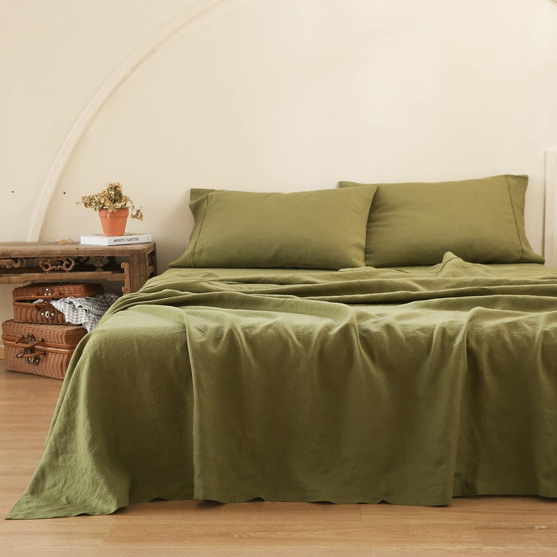 Ensemble de draps 100% lin pur, Queen Sheet Set with 2 Pillowcases, Vert olive