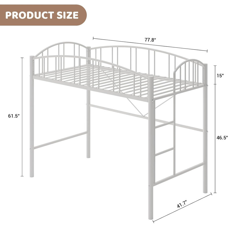 Lit mezzanine simple, structure de lit mezzanine en métal robuste avec garde-corps arqué et échelle de sécurité, peu encombrant, sans sommier tapissier