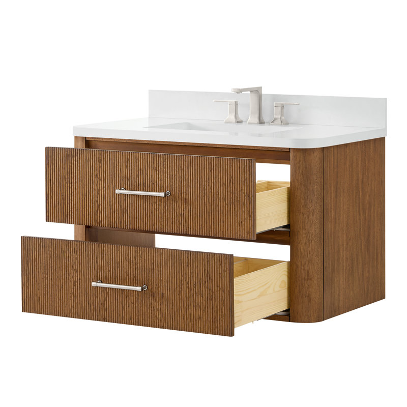 Meuble-lavabo mural simple Francesca WM de 91 cm (36 po) en noyer grillé, comptoir arrondi en quartz blanc, lavabo carré encastré (3 trous), garniture noire mate