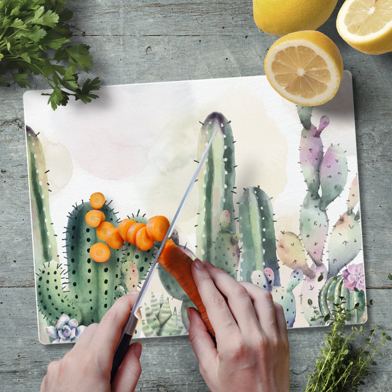 Watercolor Cactus Tempered Glass Rectangular Cutting Board