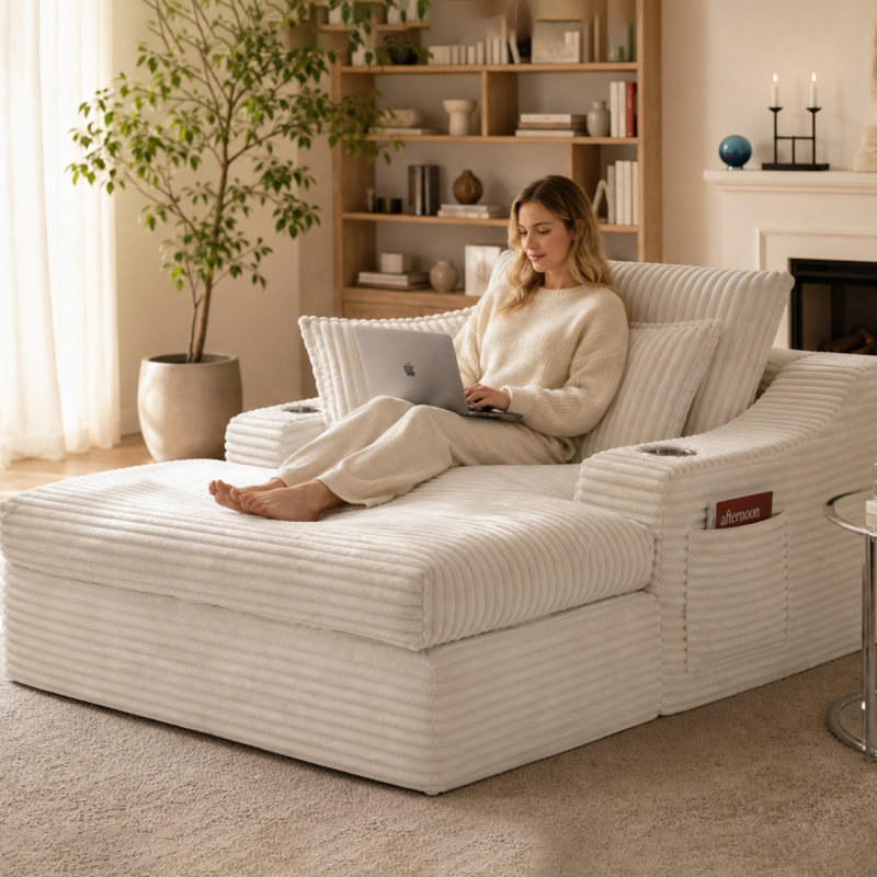 Très grande méridienne intérieure, canapé-lit rembourré 67 po avec porte-gobelets et 3 coussins