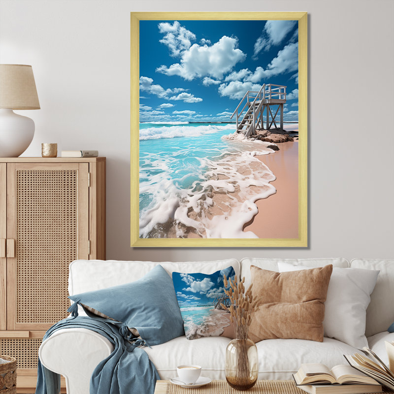 «Turquoise Miami Lifeguard Whispers I», reproduction sur toile, H 32 po x l 16 po x P 1 po, Cadre photo doré