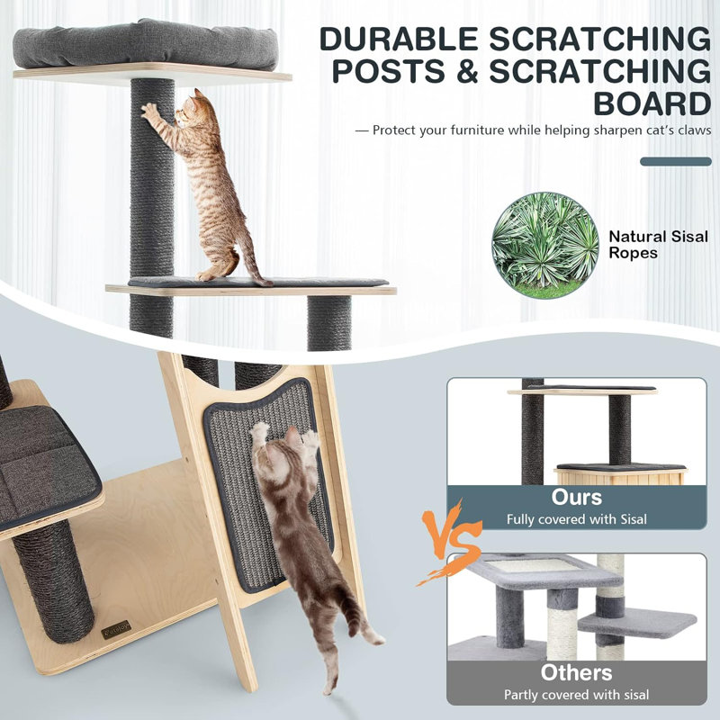 69" Tall Modern Wooden Cat Tree Tower with Sisal Posts