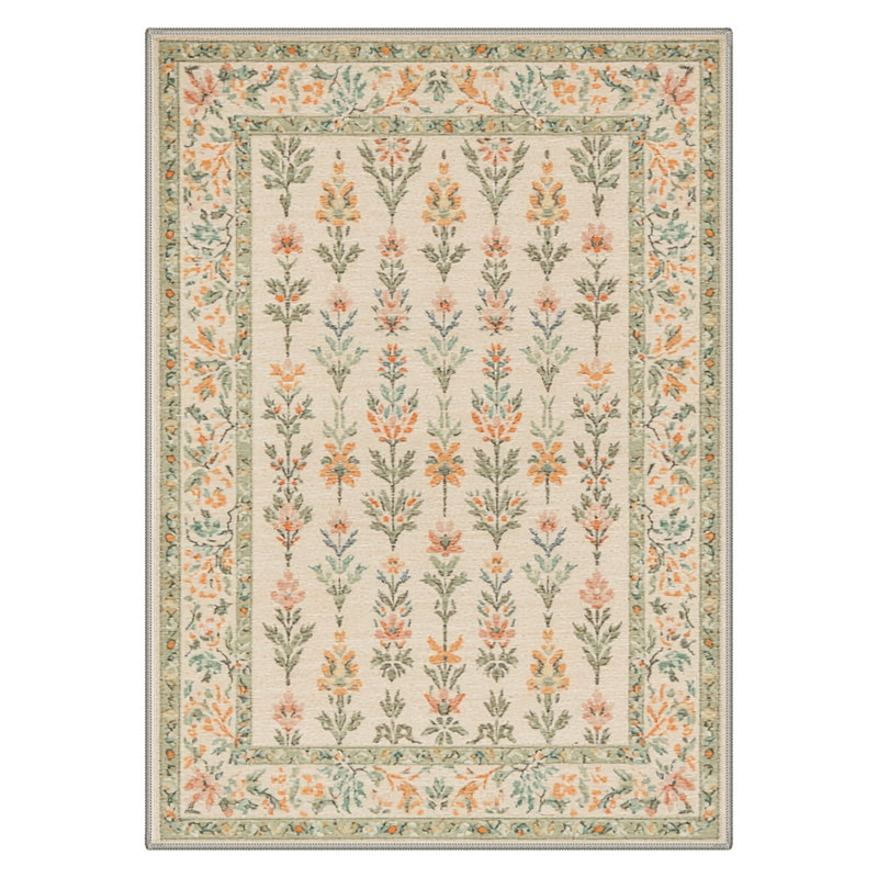 Allsop Aura Vintage Floral Machine Washable Beige / Orange / Green Indoor Area Rug with Non-Slip Backing, Rectangle 9' x 12'
