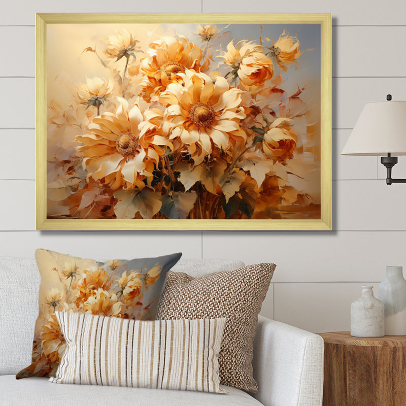 Beige tournesols, impression romantique I - impression, H 24 po x l 32 po x P 1 po, Encadrement doré