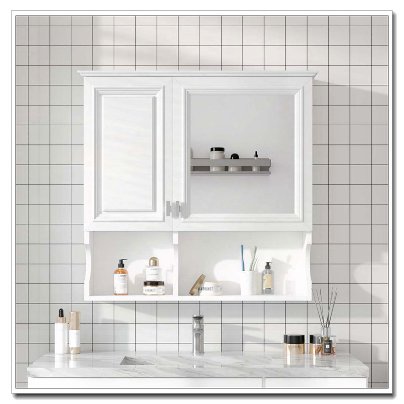 Armoire à pharmacie à miroir avec tablettes ouvertes, rangement mural avec portes et miroir, Blanc
